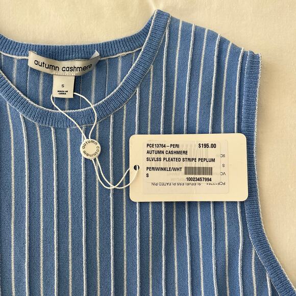 Autumn Cashmere NWT Sleeveless Pleated Stripe Peplum Periwinkle Blue Top Small - Picture 5 of 8